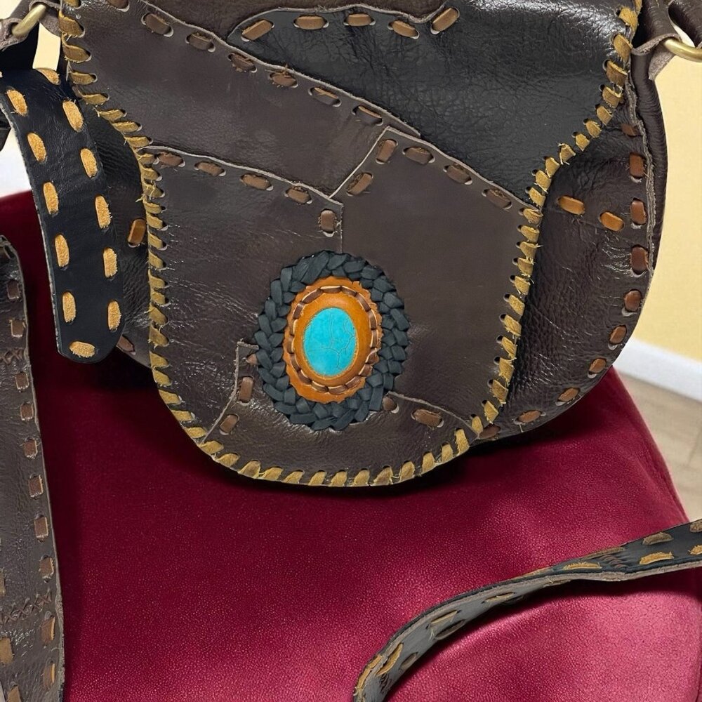 Cowhide Leather Crossbody Shoulder Bag Hand Tooled Blue Turquoise Western